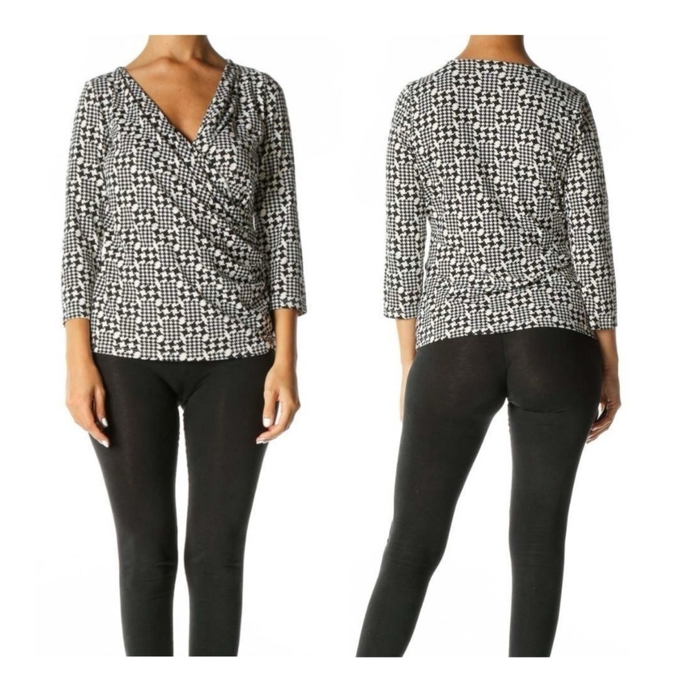 TALBOTS PETITES 3/4 Sleeve Wrap Front Top - Black/Off White Crosshatch